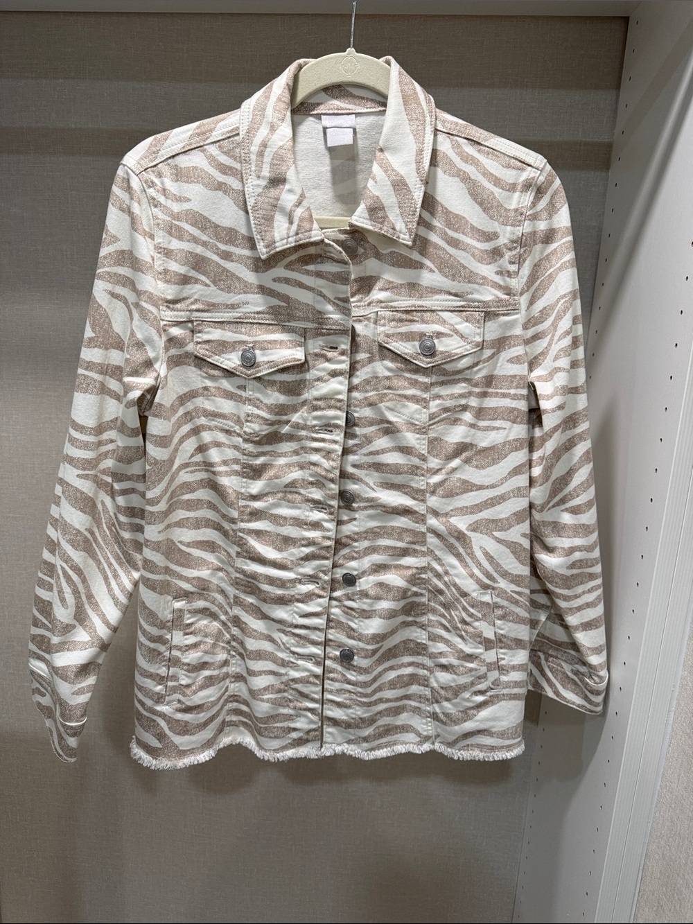 Never worn - Chico's Cream and Beige Zebra-Print Denim Jacket